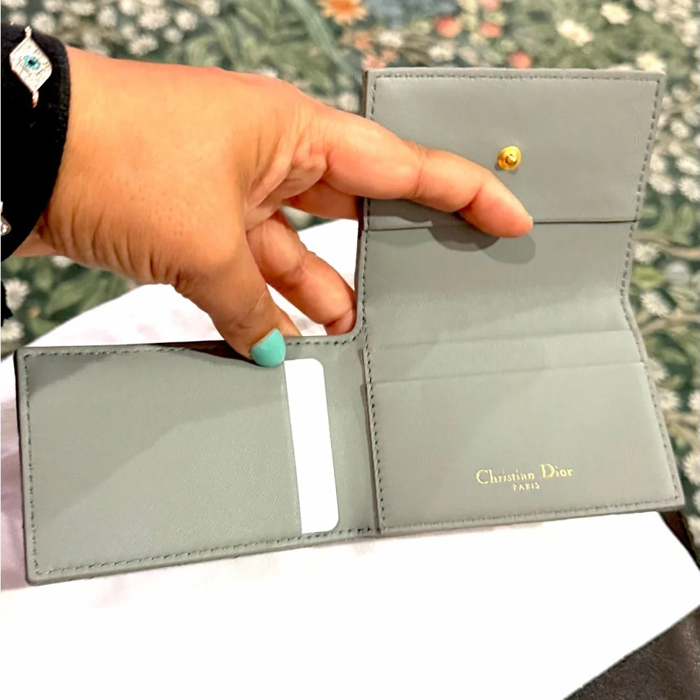 Dior Caro glycine foldable card holder limited edition in grey w/gold hardware.